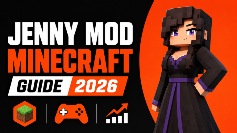 enny Mod Minecraft Guide 2026 featured image showing a Minecraft-style Jenny character with bold gaming text, Minecraft icons, and modern gaming graphics on an orange and black background