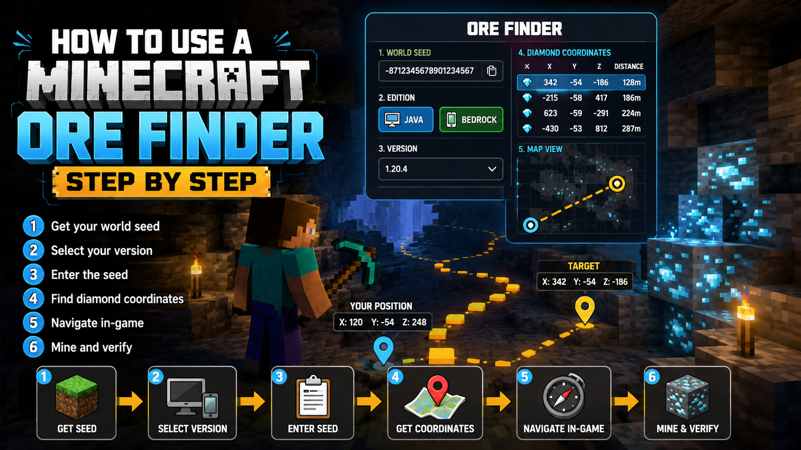 Minecraft player setting up an ore finder tool with seed input, coordinates, and diamond locations displayed on a map.