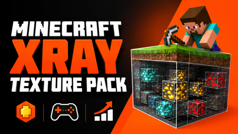 Minecraft Xray Texture Pack featured image showing a player using Xray vision to locate hidden diamond, gold, and redstone ores underground.
