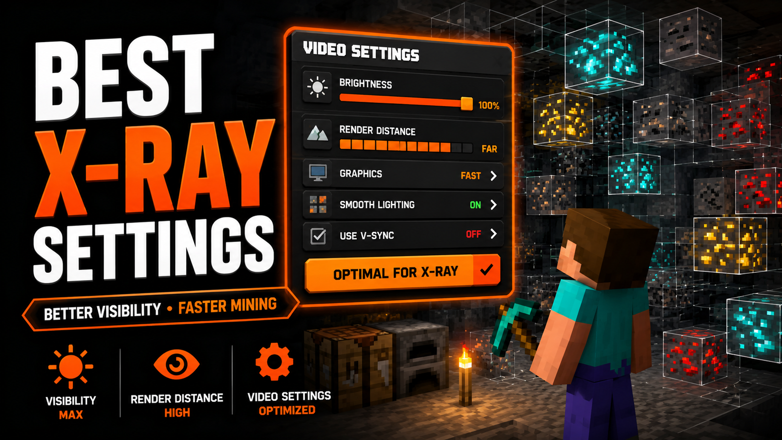 Minecraft X-ray texture pack settings guide showing brightness, render distance, and video settings for improved ore visibility and mining efficiency.