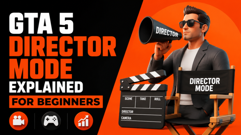 GTA 5 Director Mode Explained For Beginners featured image showing a 3D director character with megaphone, director chair, clapperboard, and gaming icons on an orange and black background.