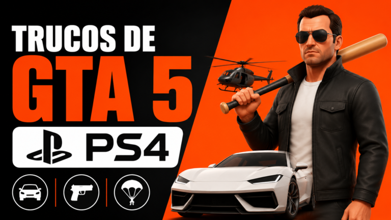 Trucos de GTA 5 PS4 featured image showing a stylized GTA-inspired character, sports car, helicopter, and cheat icons for vehicles, weapons, and parachutes on an orange and black gaming background