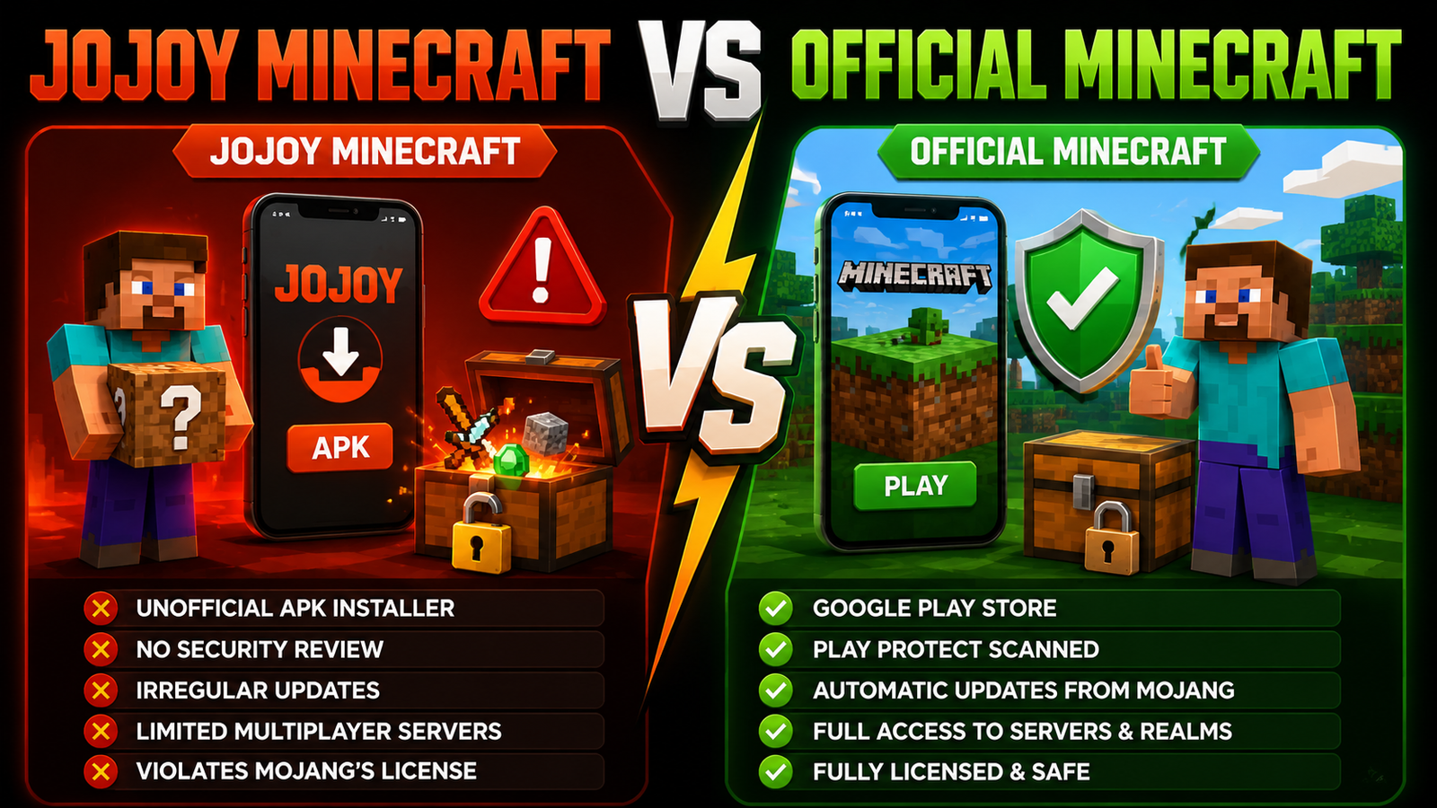 Jojoy Minecraft vs Official Minecraft comparison showing APK risks, updates, security, and multiplayer differences.
