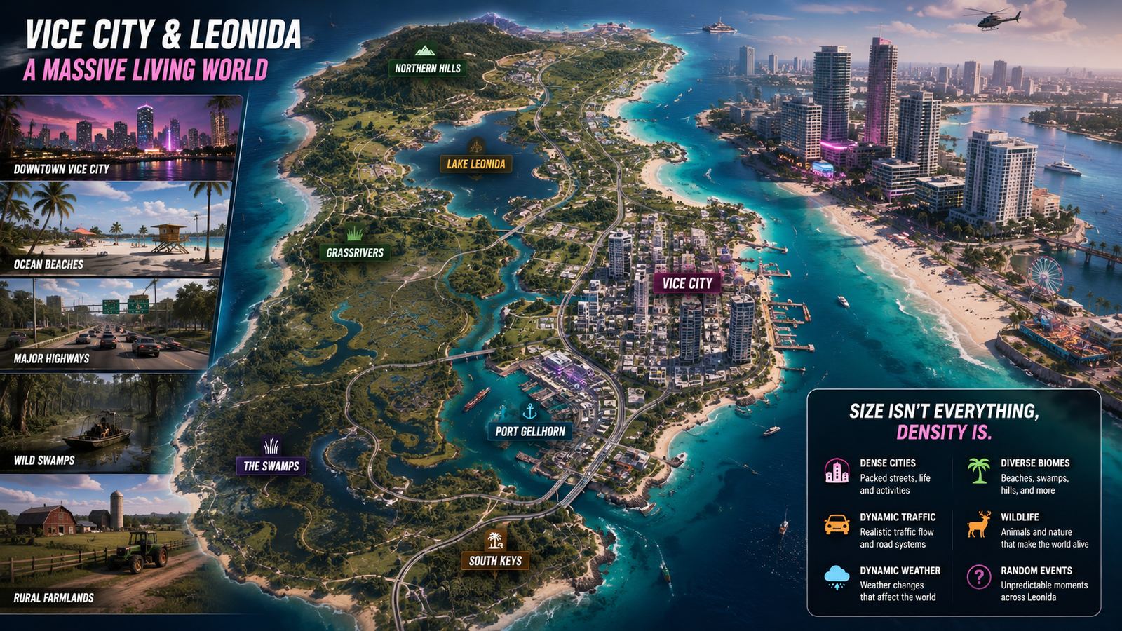 GTA 6 map showing Vice City and Leonida open world with cities, beaches, highways, swamps, and rural environments in a detailed 3D illustration