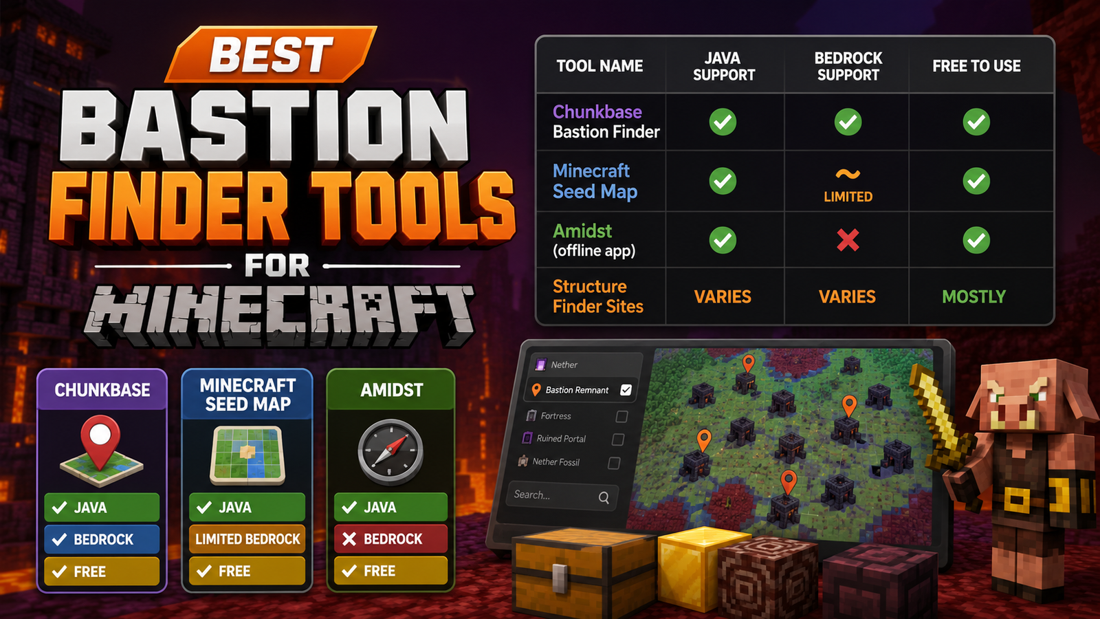 Best Bastion Finder tools for Minecraft showing Chunkbase map, Bastion locations, and Nether treasure rewards.