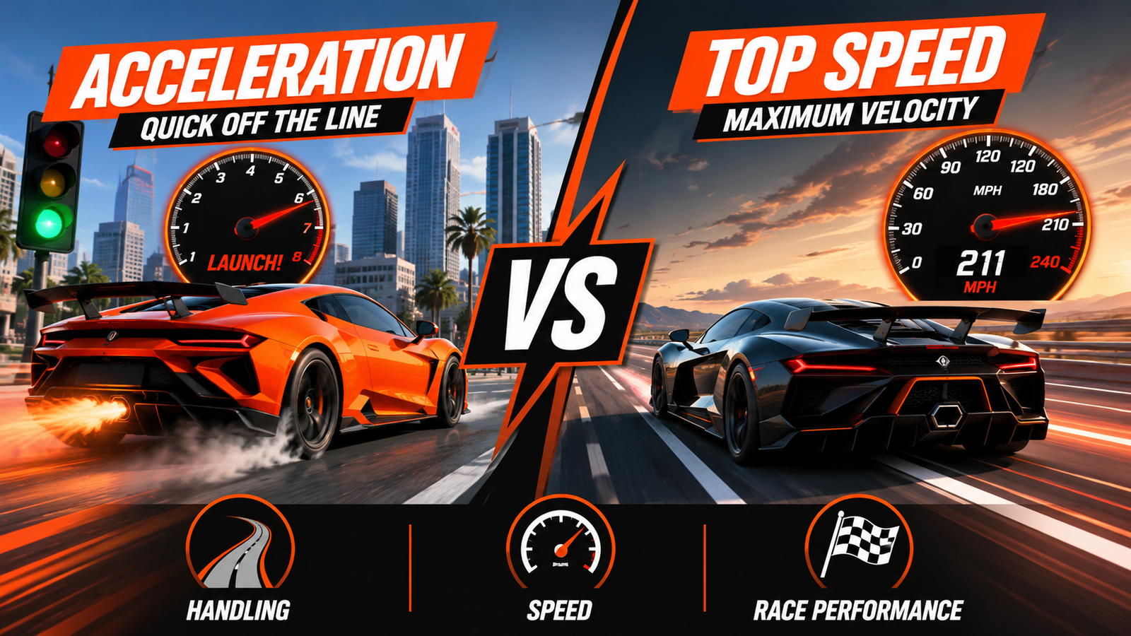 GTA 5 race performance comparison showing acceleration and top speed with two supercars on city and highway roads.