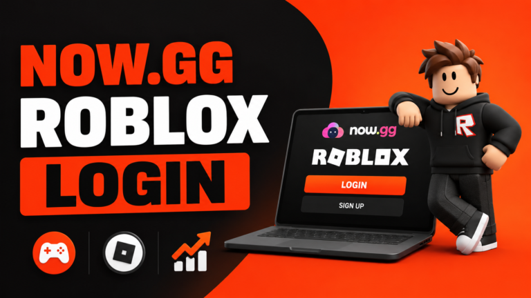 Now.gg Roblox login screen with Roblox character and laptop showing cloud gaming access to Roblox online without download