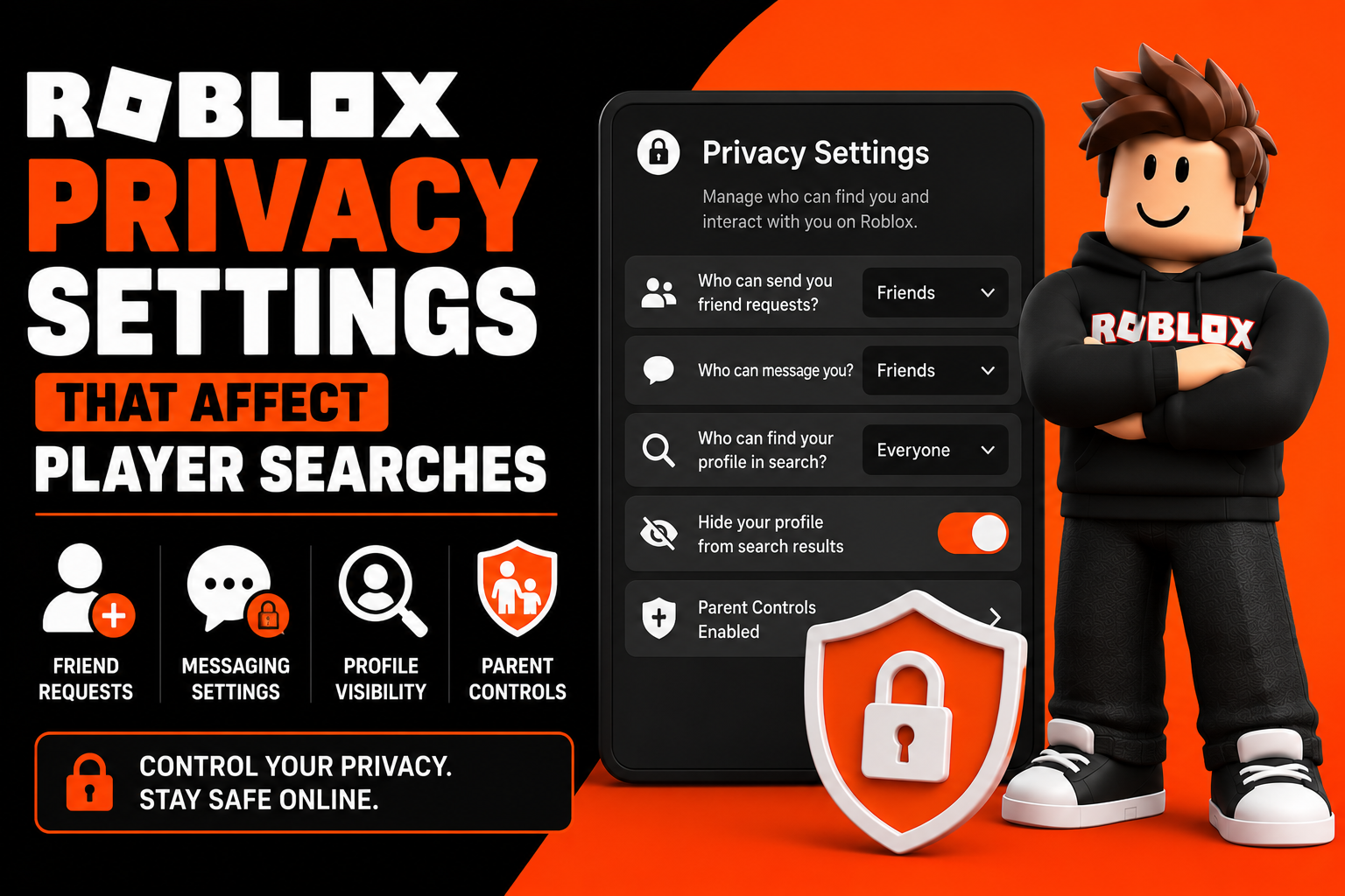 Roblox privacy settings for player searches showing profile visibility, friend request controls, messaging permissions, and parental safety settings