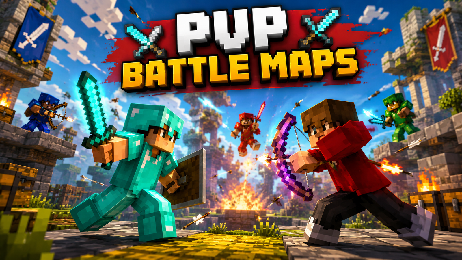 Minecraft players battling with swords and bows in a PvP arena map