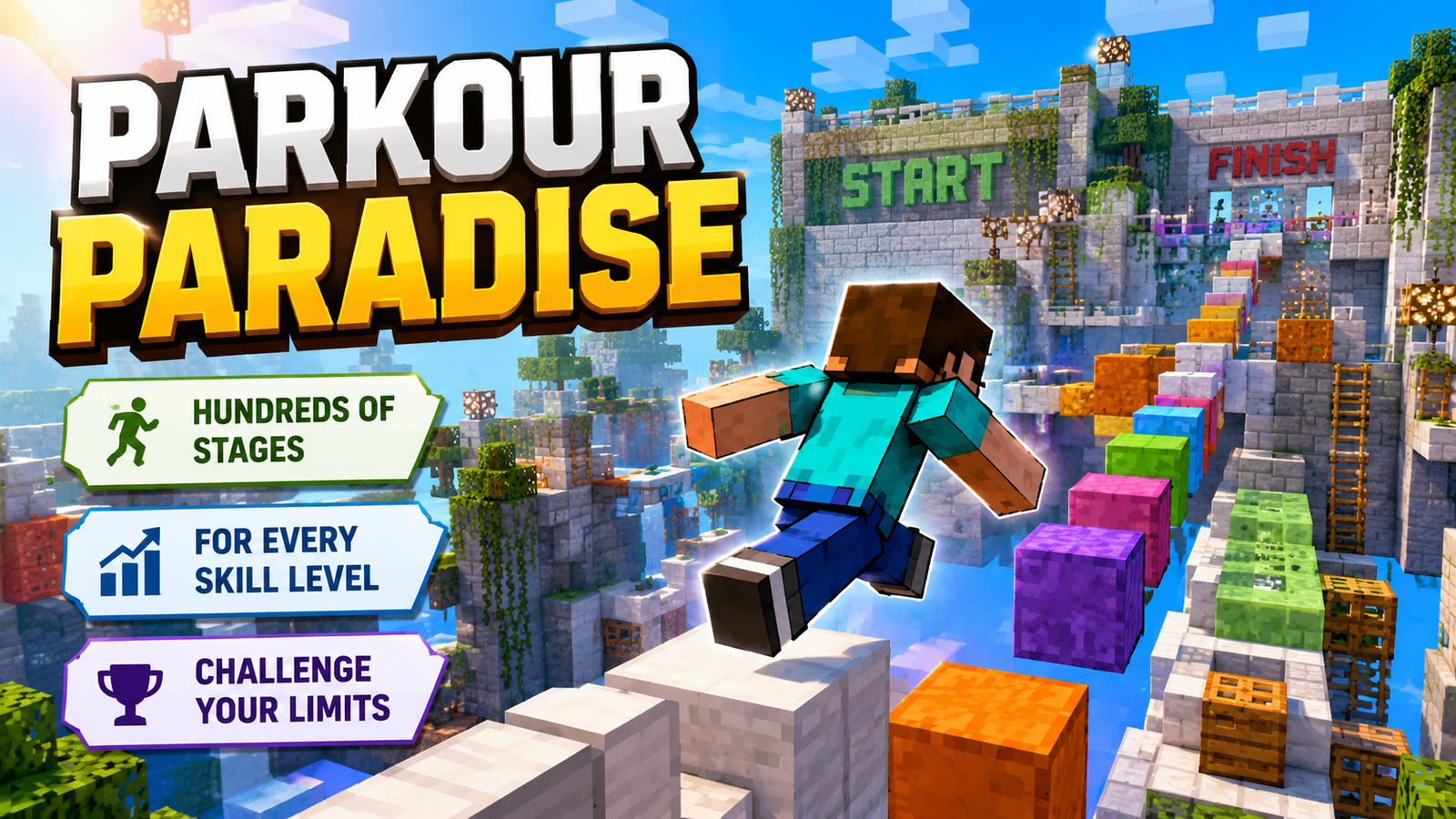 Parkour Paradise Minecraft map with colorful parkour stages.