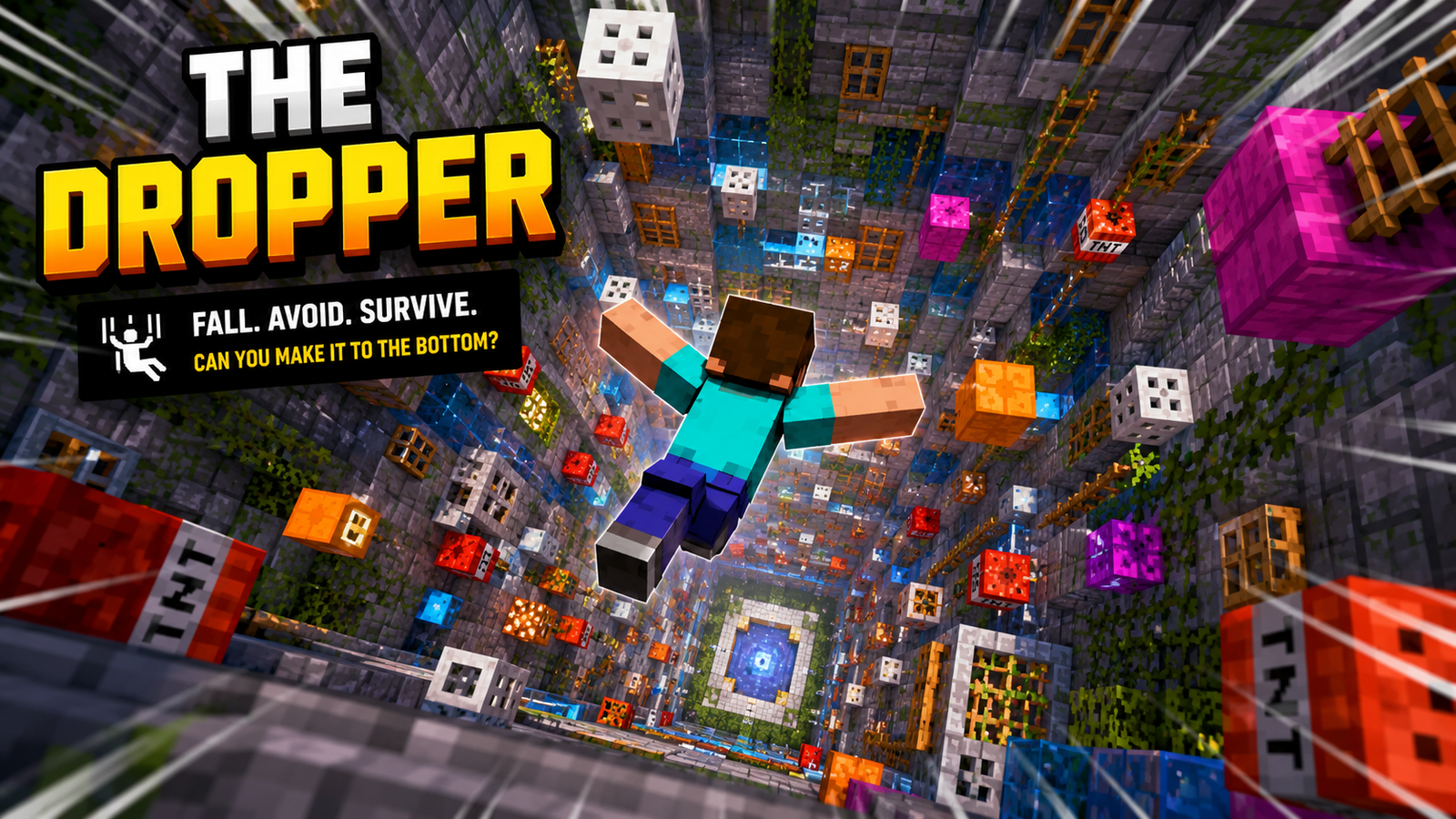 Minecraft The Dropper map with a player falling through obstacles