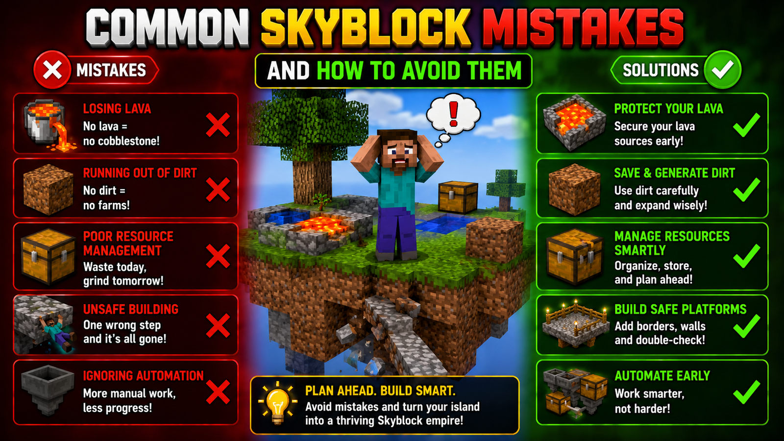 infographic titled 'Common Skyblock Mistakes and How to Avoid Them' showing a divided list of five gameplay mistakes in red on the left, matching strategic solutions in green on the right, and a Minecraft Steve character panicking on a floating island in the center.