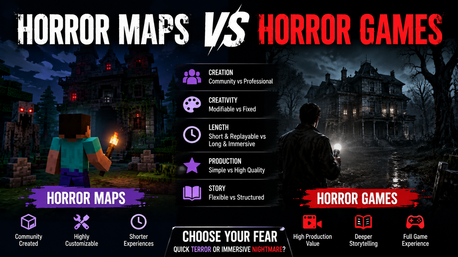 Comparison of horror maps and horror games featuring a block-style haunted house and a realistic haunted mansion.