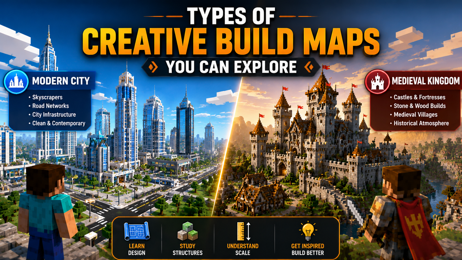 Minecraft creative build maps featuring a modern city skyline and a medieval castle kingdom for building inspiration and design practice.