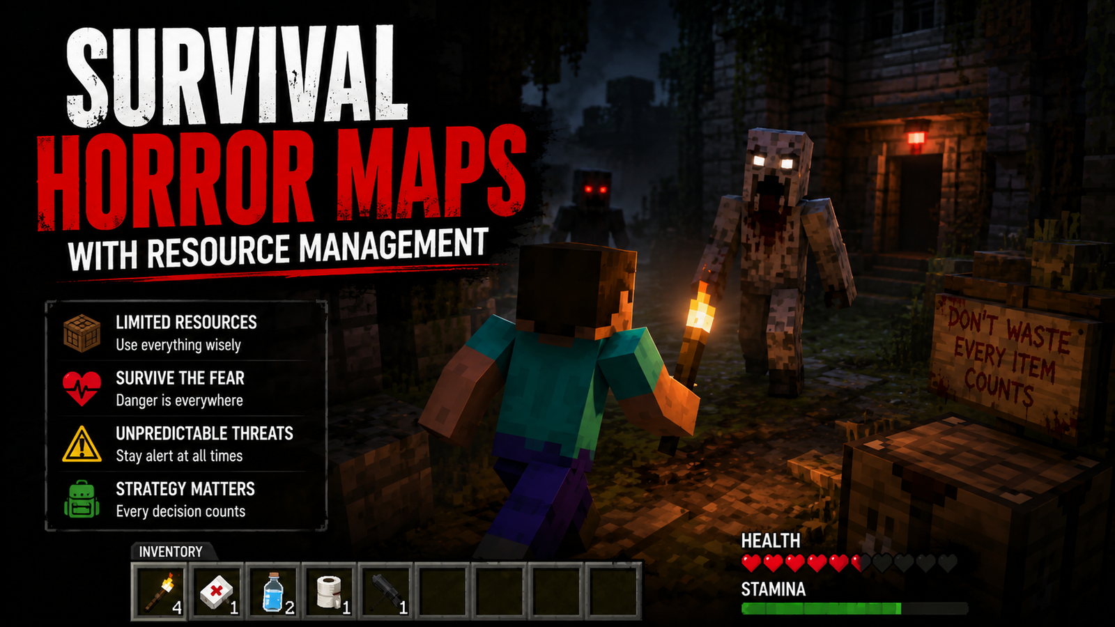 Minecraft survival horror map with a player holding a torch while facing monsters in a dark abandoned area