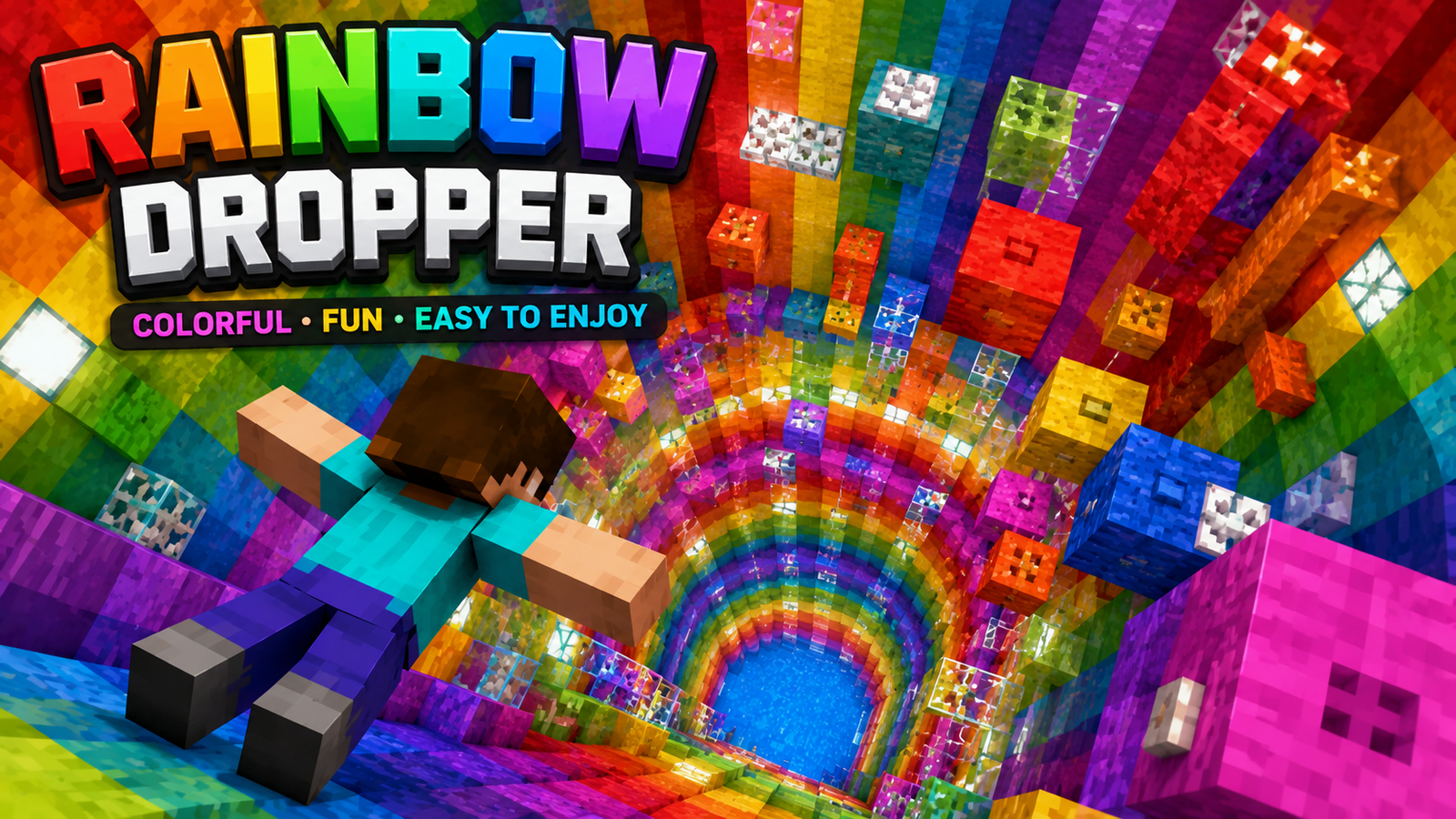 Minecraft player falling through a colorful rainbow dropper tunnel filled with vibrant blocks and obstacles.