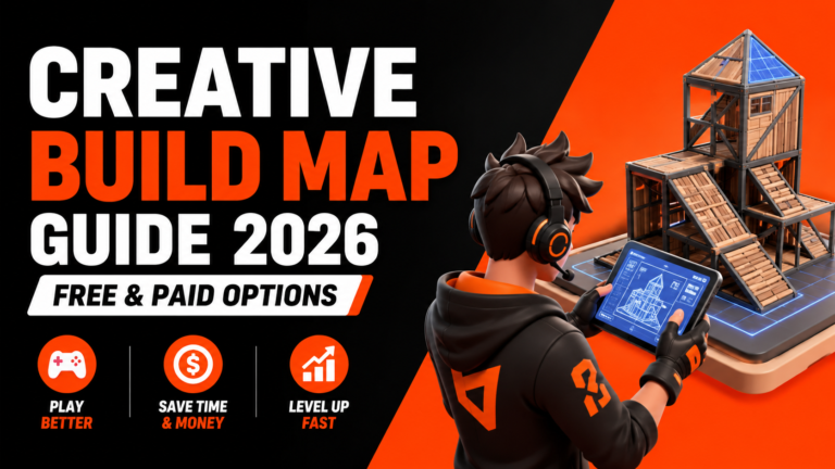 Creative Build Map Guide 2026 featuring a gamer using free and paid build training maps.