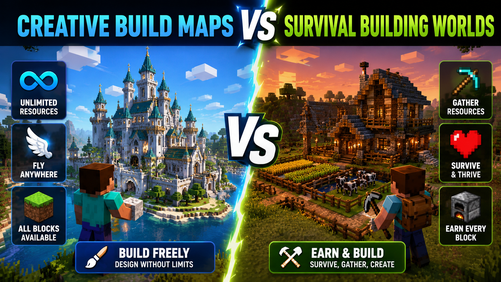 Creative vs Survival Builds in Minecraft showing a large creative-mode castle compared to a survival-mode village built with gathered resources.