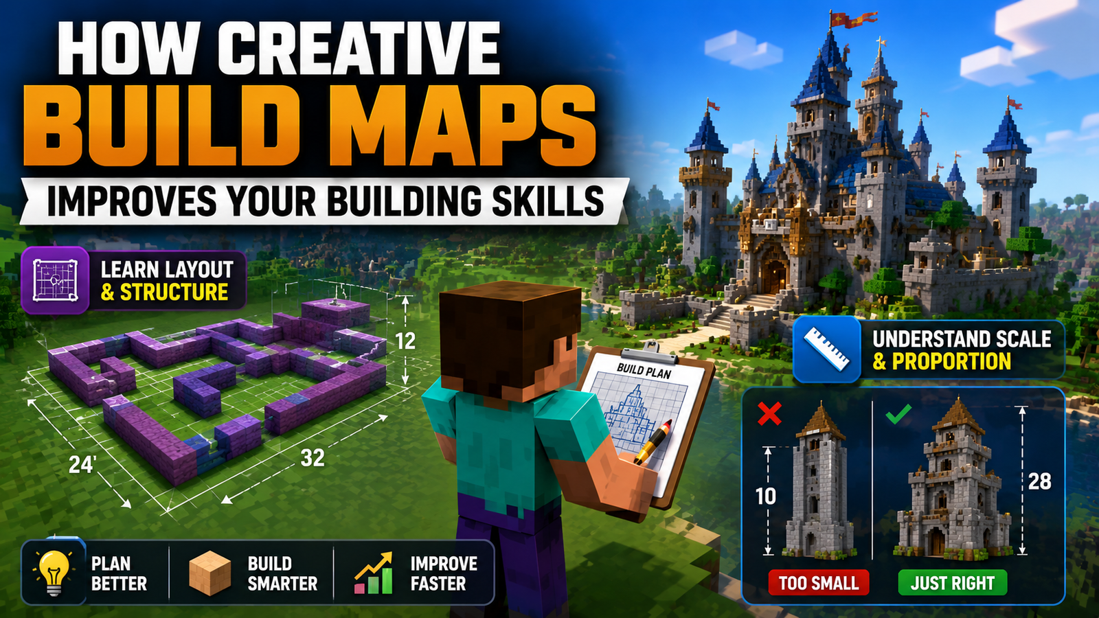 Minecraft creative build maps helping players learn structure planning, building layouts, scale, and proportion through professional building techniques.
