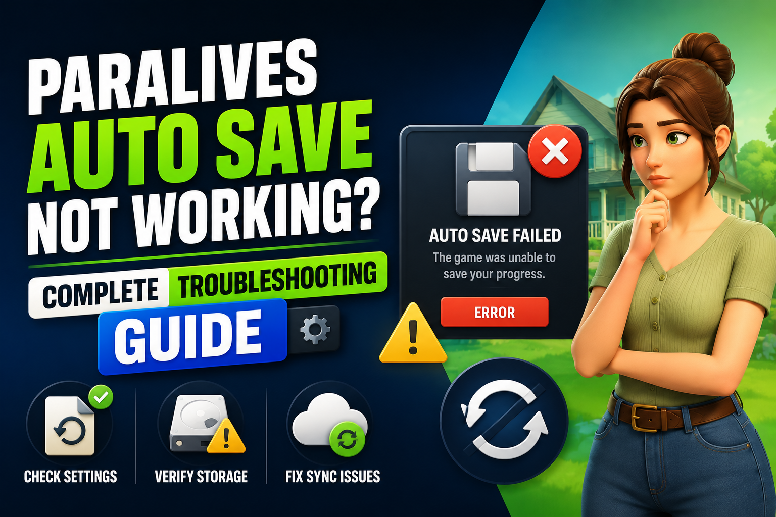 Paralives auto save not working troubleshooting guide showing save settings, backup files, storage checks, and save recovery solutions.
