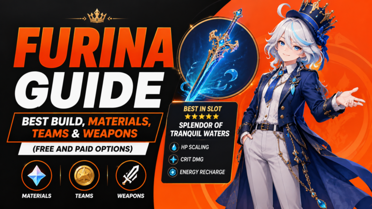 Furina guide featured image showcasing the best build, materials, team compositions, and weapon recommendations, featuring Furina in a stylish blue outfit with trousers and her signature sword.