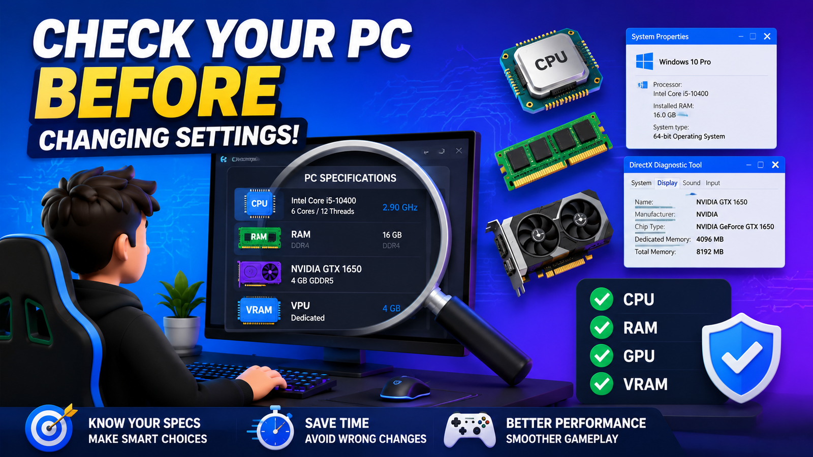 Checking PC hardware specifications before changing Paralives settings, showing CPU, RAM, GPU, VRAM information and system diagnostics dashboard.