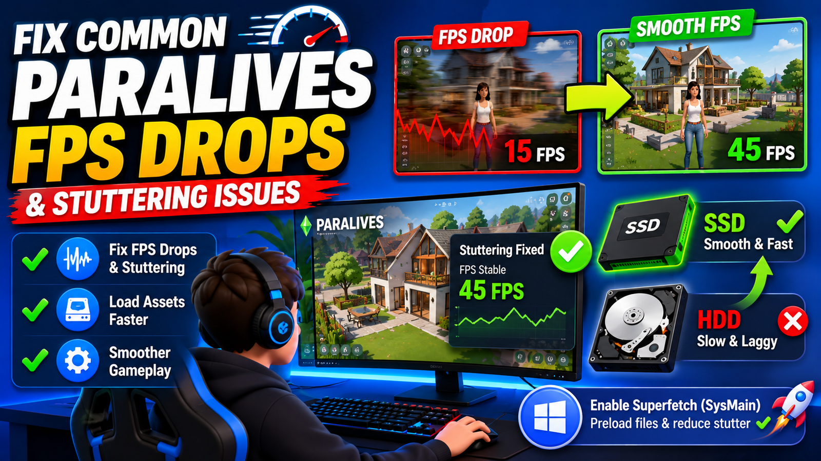 Paralives FPS drops and stuttering fix guide showing SSD upgrade, SysMain optimization, asset preloading, and smoother gameplay performance.