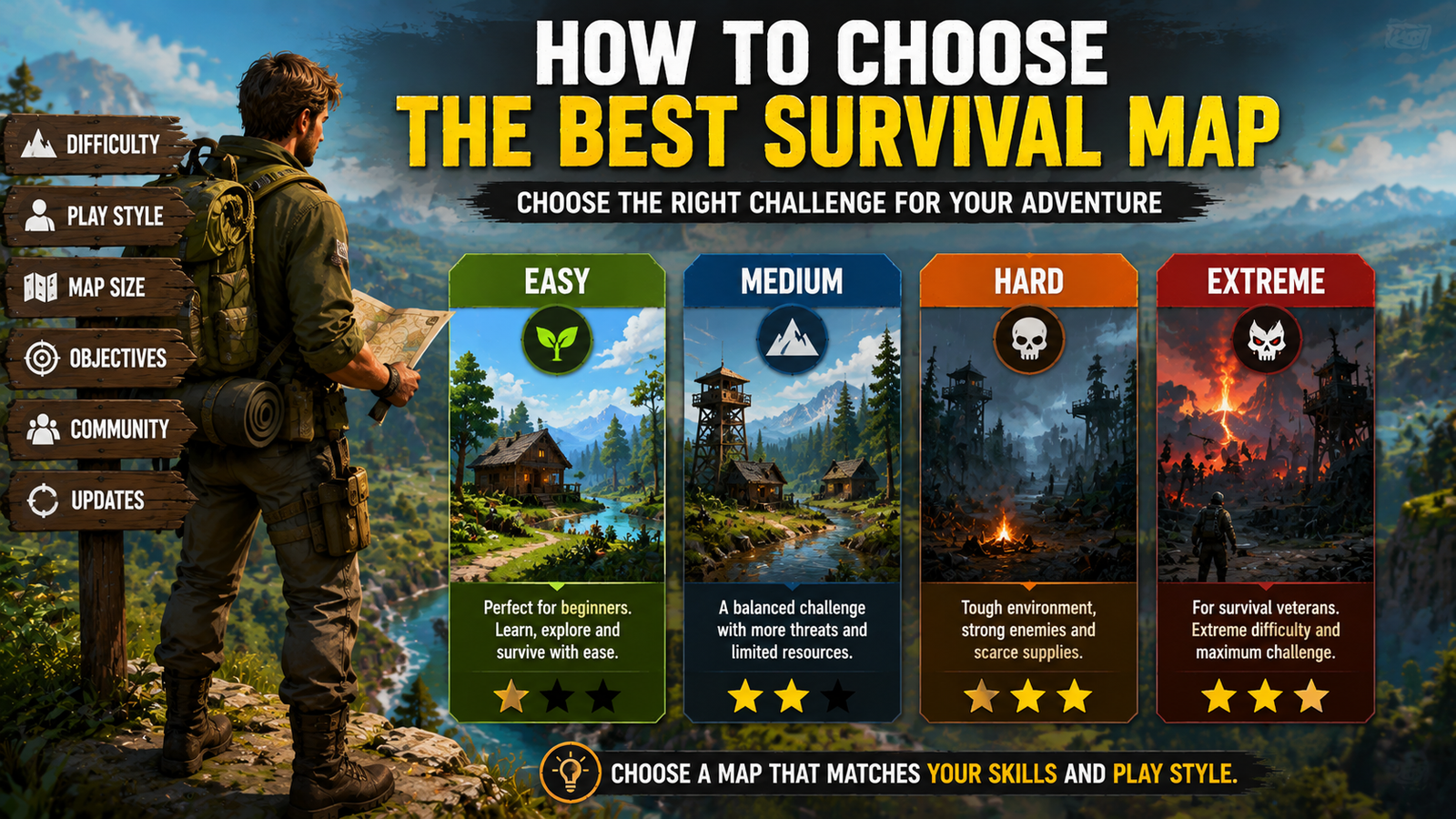 Player comparing survival map difficulty levels from beginner to expert.