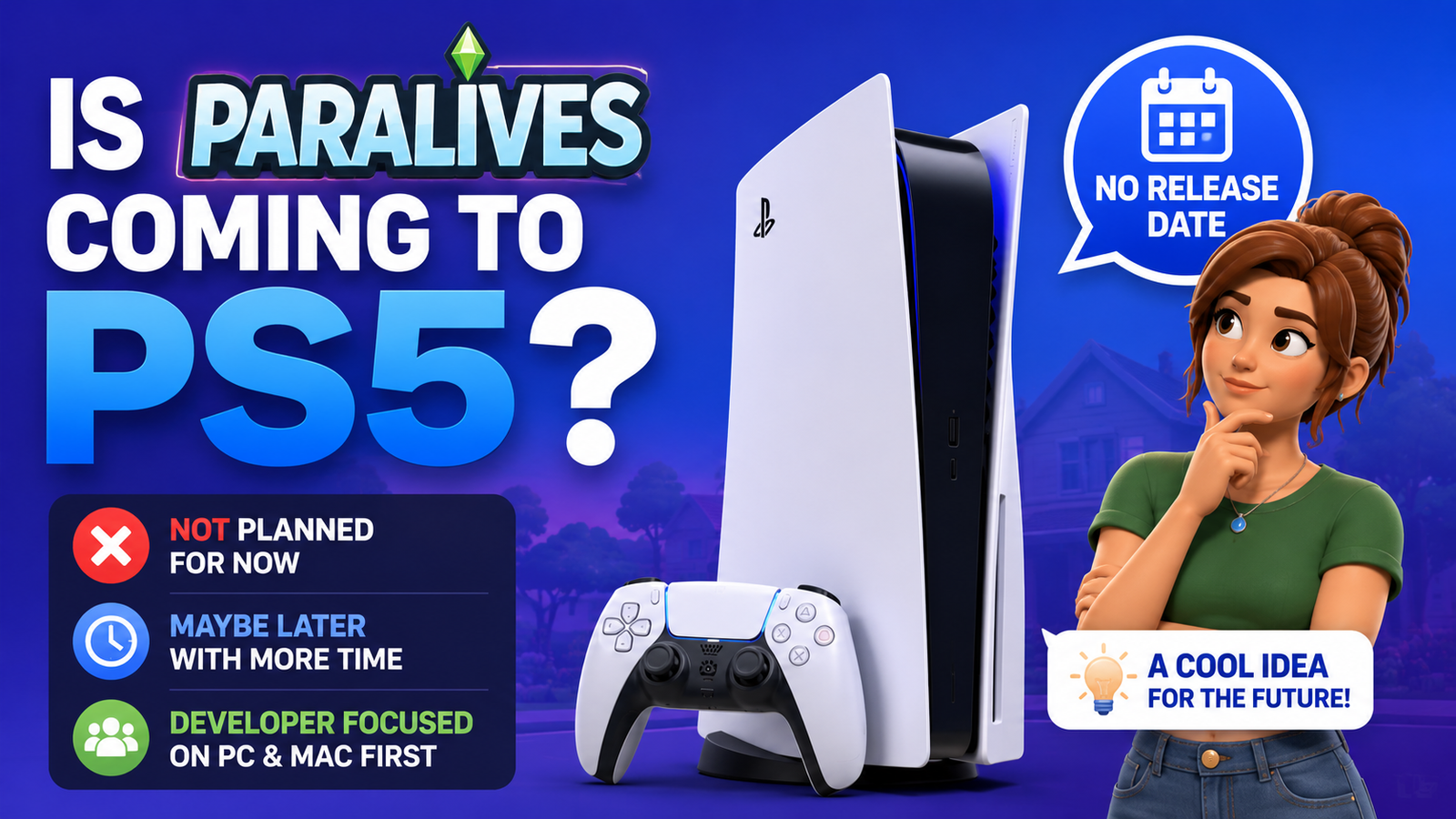 Paralives PS5 illustration showing no confirmed PlayStation 5 release date.