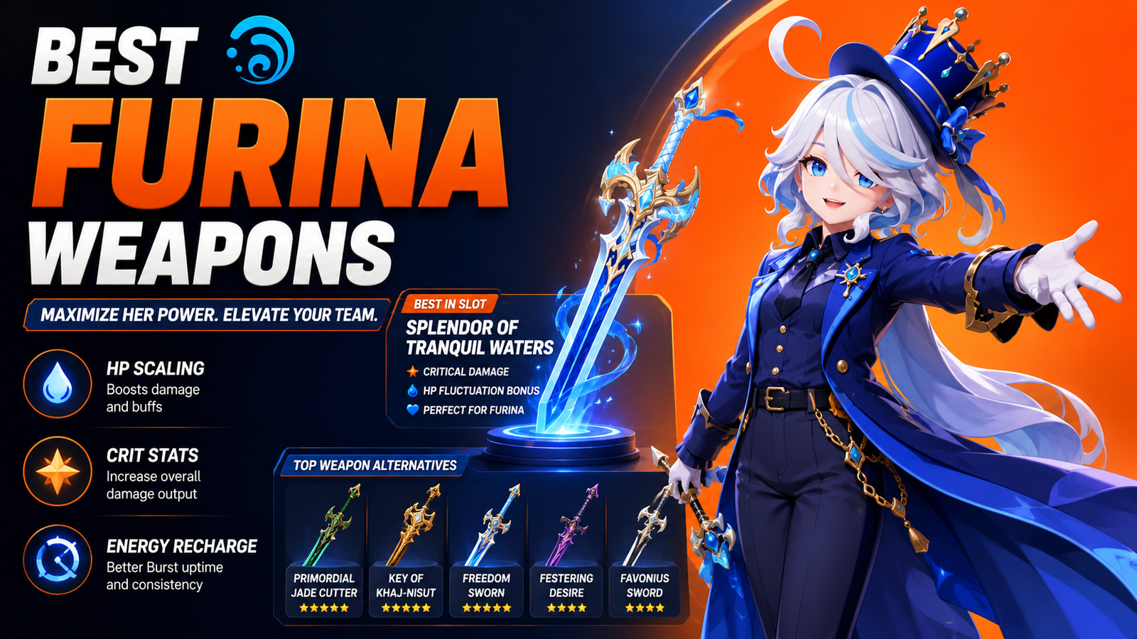 Best weapons for Furina in Genshin Impact featuring Splendor of Tranquil Waters, HP scaling, Crit stats, and Energy Recharge recommendations.