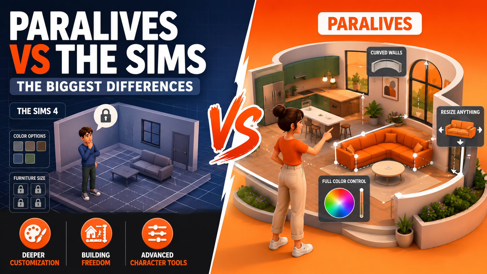 Paralives vs The Sims comparison image showing creative building freedom, advanced customization tools, and different gameplay philosophies in life simulation games.