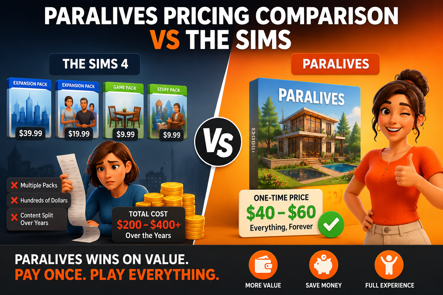 Paralives pricing comparison vs The Sims showing one-time purchase value versus the high long-term cost of expansion packs and DLC content.
