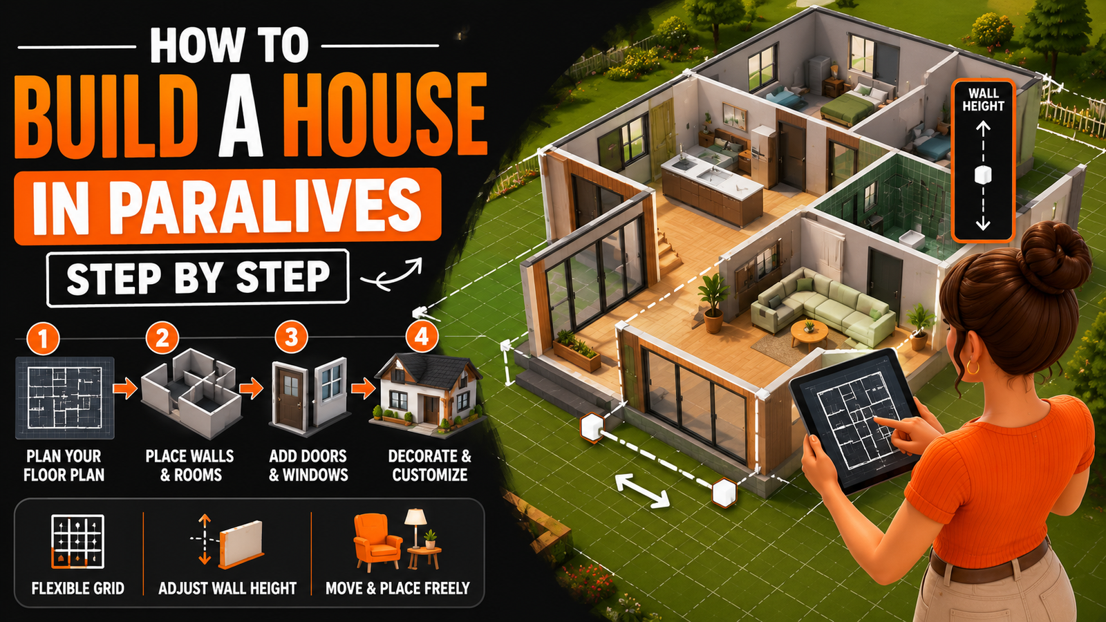 Paralives house building guide showing floor plan creation, wall placement, room layout design, and home construction tools in build mode.