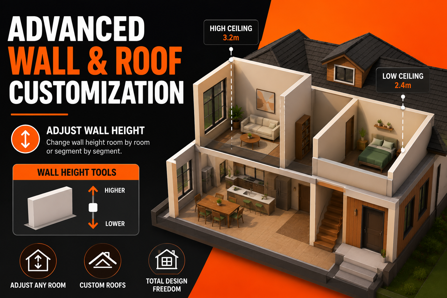 Paralives advanced wall and roof customization showing adjustable wall heights, custom roof designs, and room-by-room architectural control.