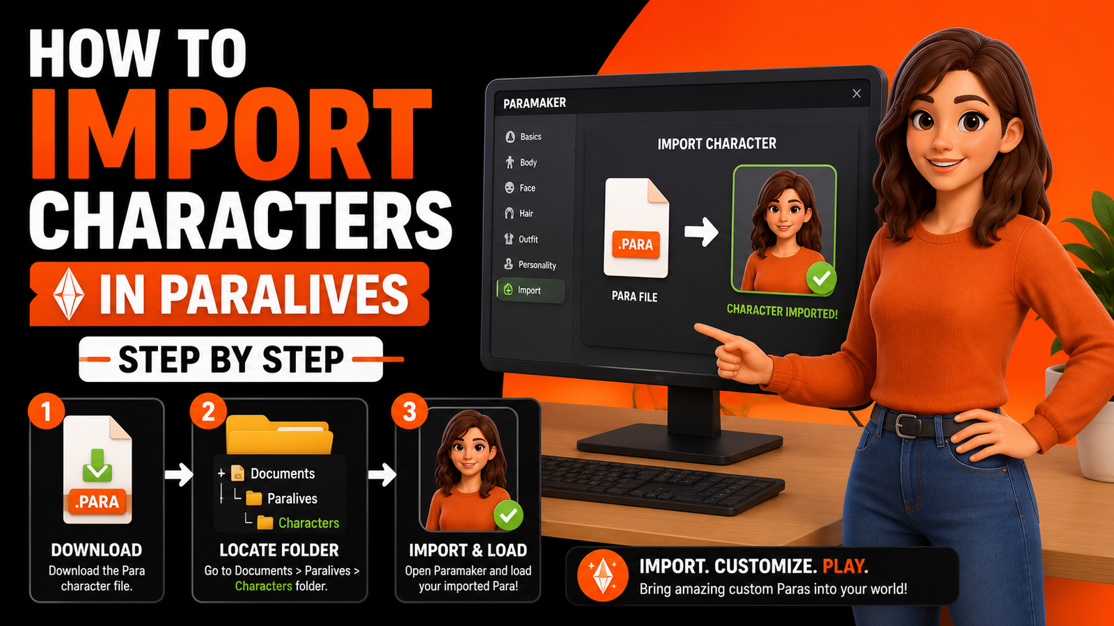 Paralives character import tutorial showing how to download a Para file, move it to the Characters folder, and load the character in Paramaker.