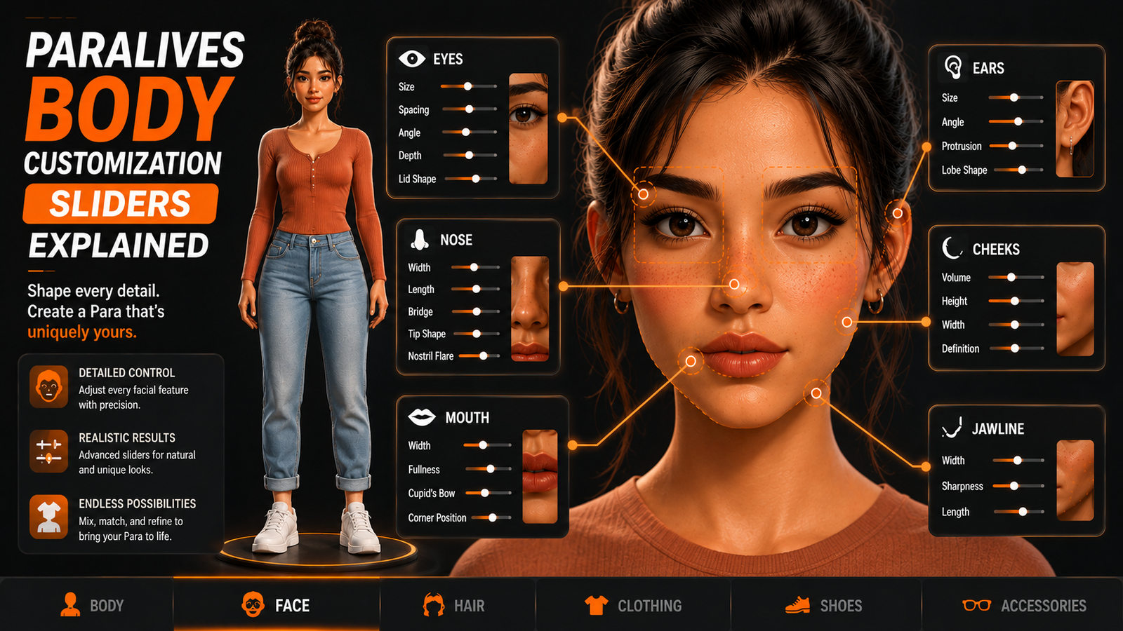 Paralives face customization interface showing adjustable sliders for eyes, nose, mouth, jawline, ears, and cheeks.
