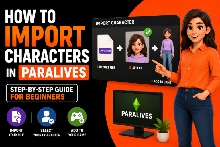 Paralives character import tutorial showing how to import custom characters, select saved avatars, and add them to the game with a beginner-friendly step-by-step process.