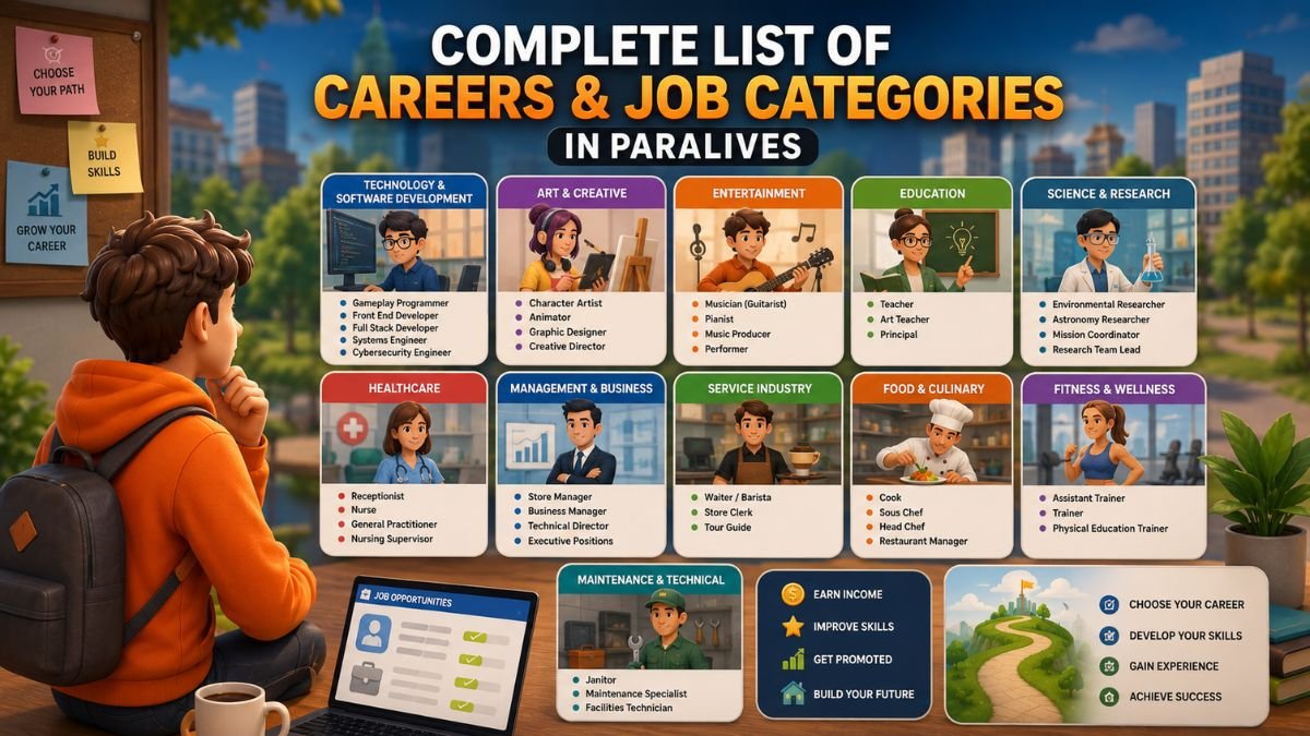 Paralives career categories featuring technology, healthcare, education, business, and creative professions.