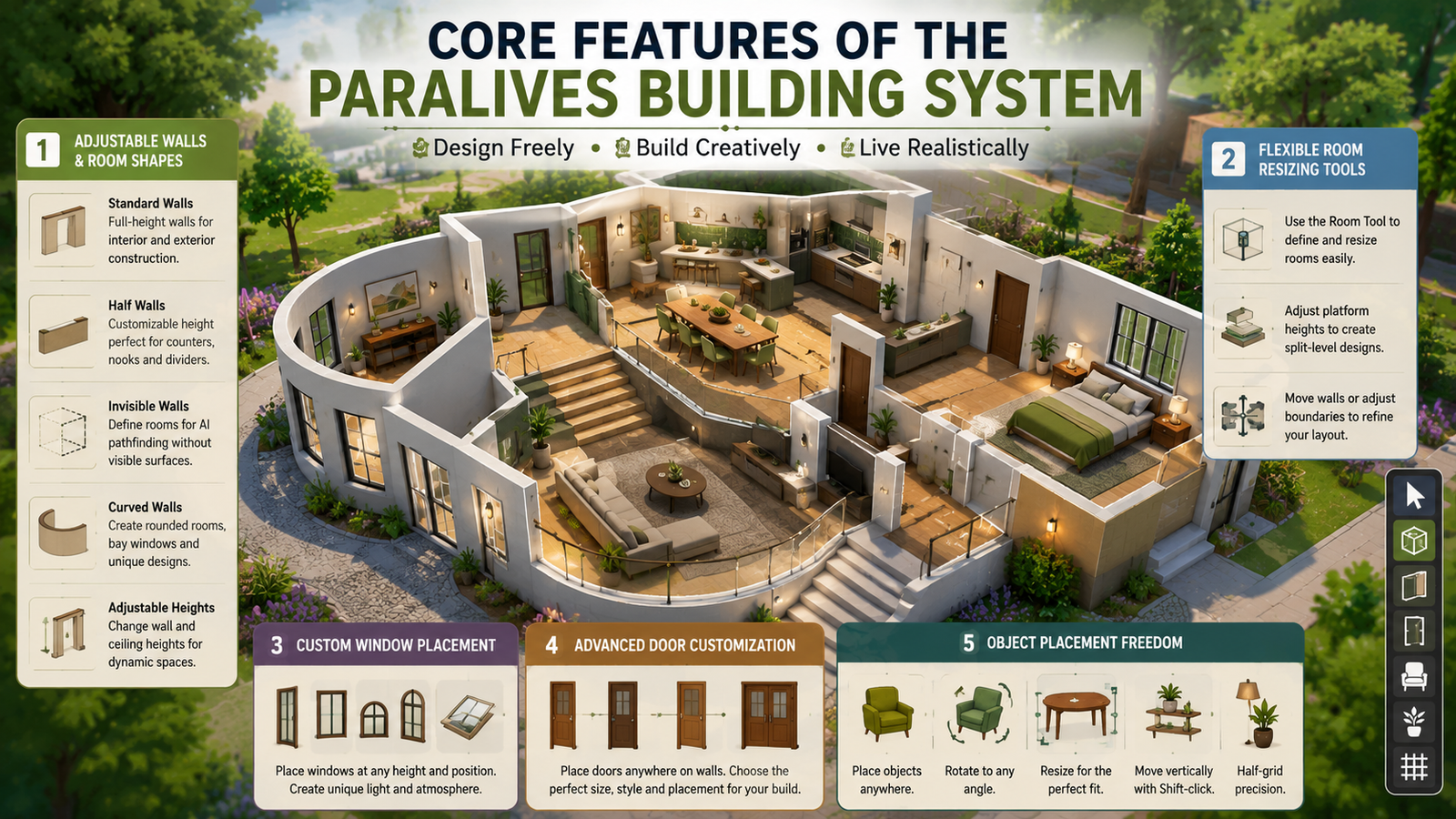 Paralives building system features with walls, rooms, and object placement.