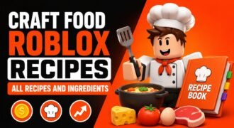 Craft Food Roblox Recipes thumbnail with chef and ingredients.
