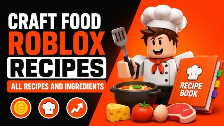 Craft Food Roblox Recipes thumbnail with chef and ingredients.