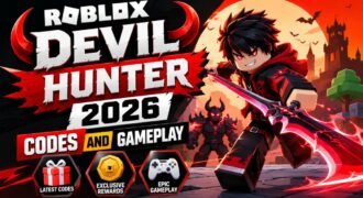 Devil Hunter Roblox 2026 gameplay showing action combat, character fighting enemies, and redeemable codes interface for rewards and upgrades