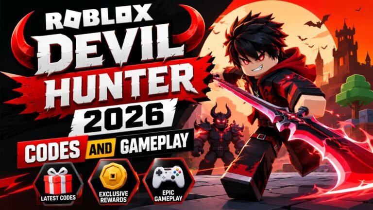 Devil Hunter Roblox 2026 gameplay showing action combat, character fighting enemies, and redeemable codes interface for rewards and upgrades