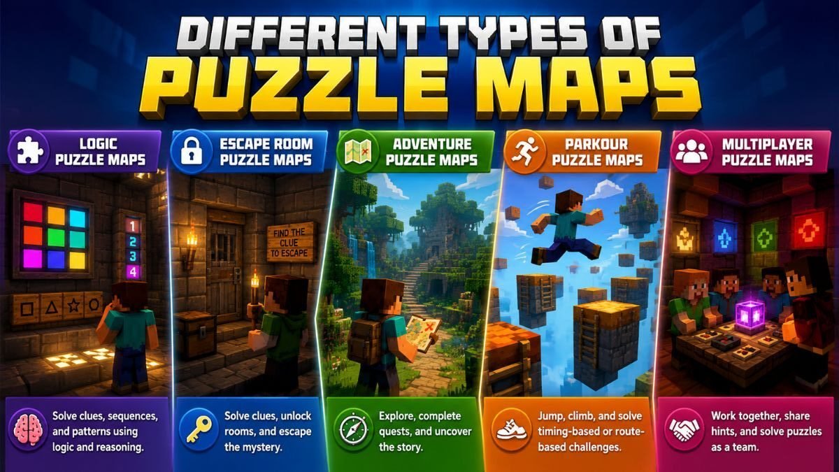 Puzzle maps types infographic (logic, escape, adventure, parkour, multiplayer