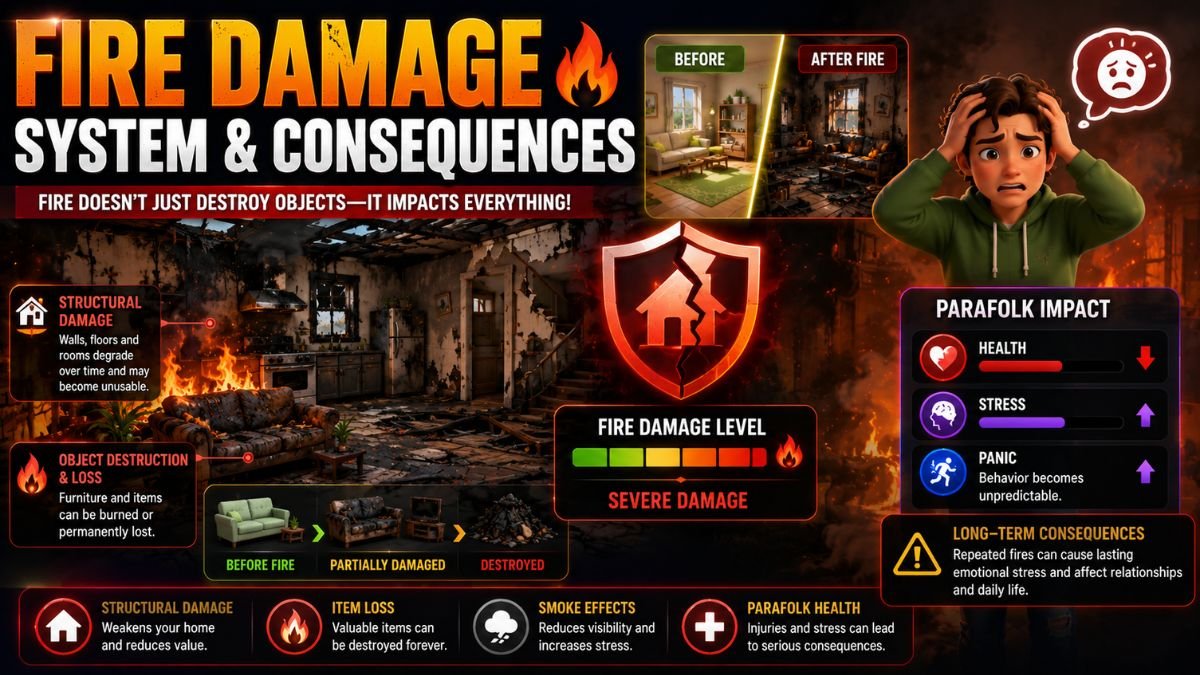 Paralives fire damage system showing burned house, destroyed furniture, structural damage, and stressed Parafolk affected by fire consequences.