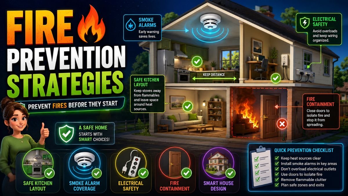 Fire safety essentials in Paralives showing smoke alarms, safe kitchen placement, electrical safety, and fire containment strategies inside a modern home.