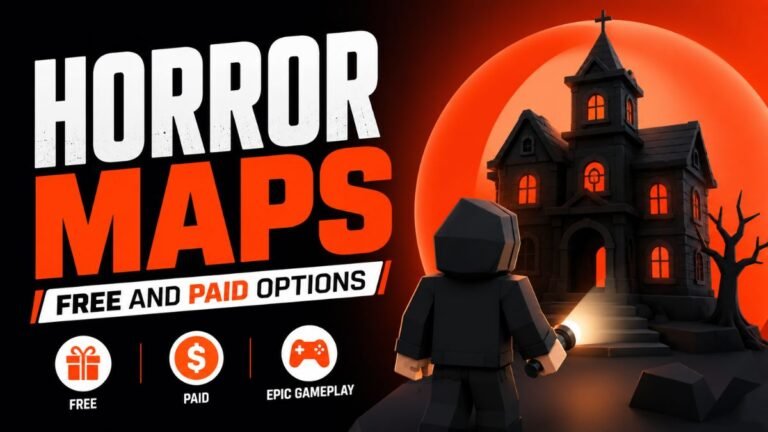 Minecraft horror map with a haunted mansion and player holding a flashlight under a red moon.