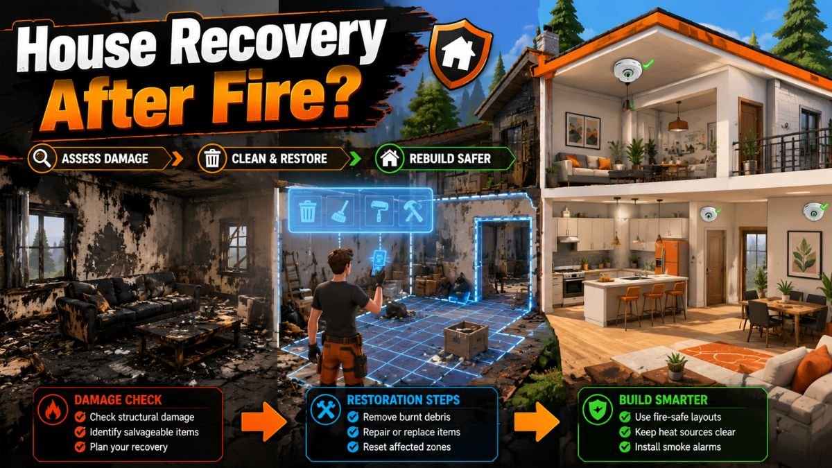 Paralives house recovery after fire showing damage assessment, debris cleanup, and safe home reconstruction