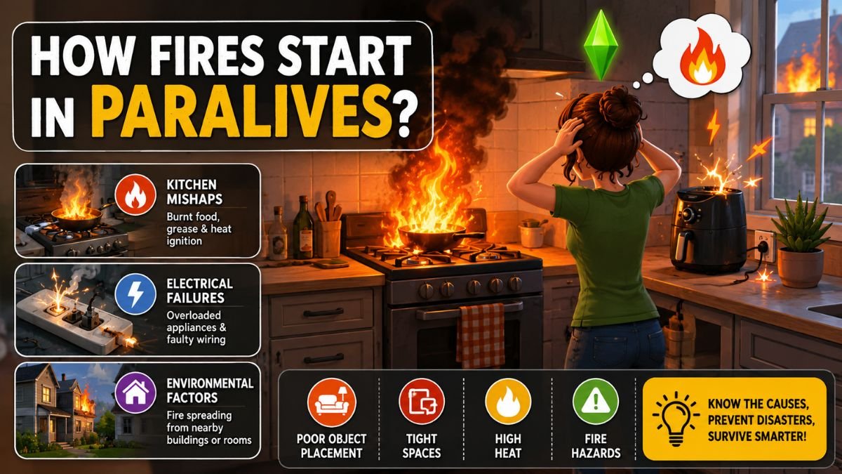 Paralives fire causes illustration showing kitchen fire, electrical failure, and environmental hazards in simulation gameplay