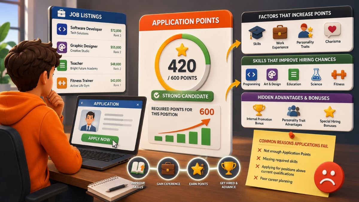 Paralives Application Points system showing skills, experience, and hiring requirements.